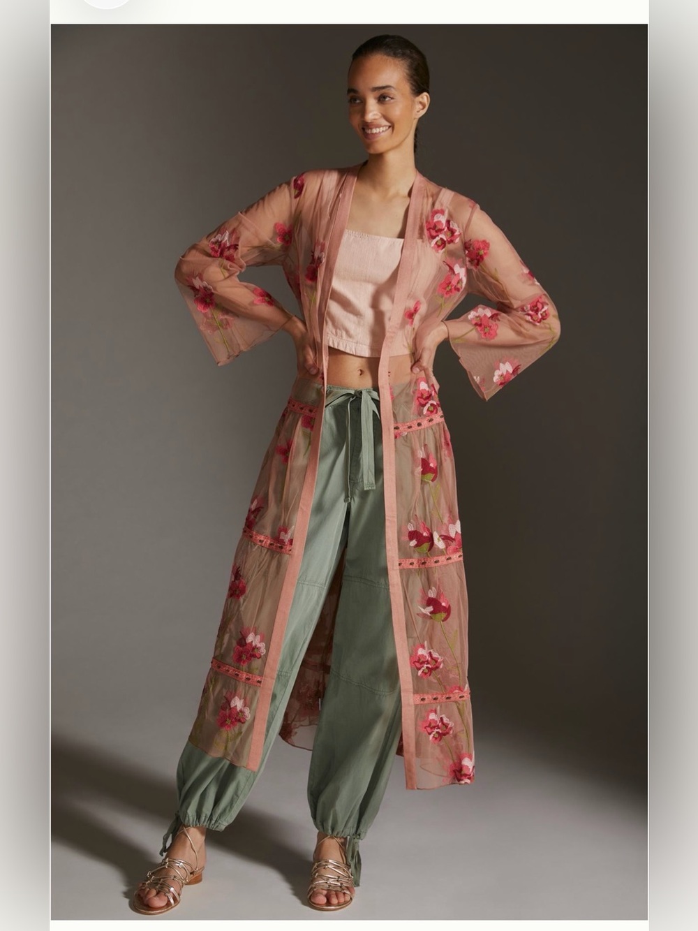 Floral Embroidered Sheer Dusty Rose Long Robe